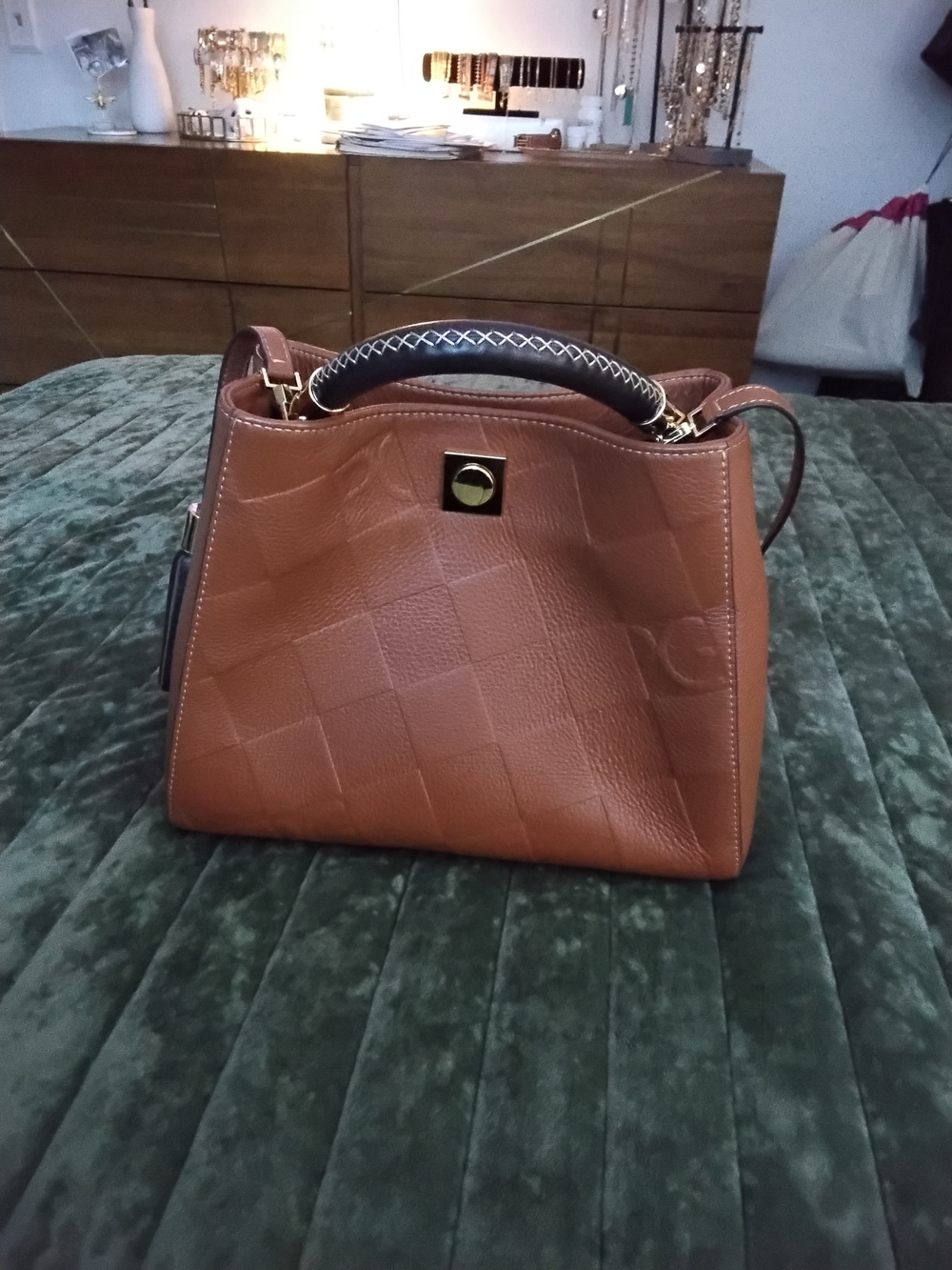 PURIFICACION GARCIA Leather Satchel with Contrasting Top Handle